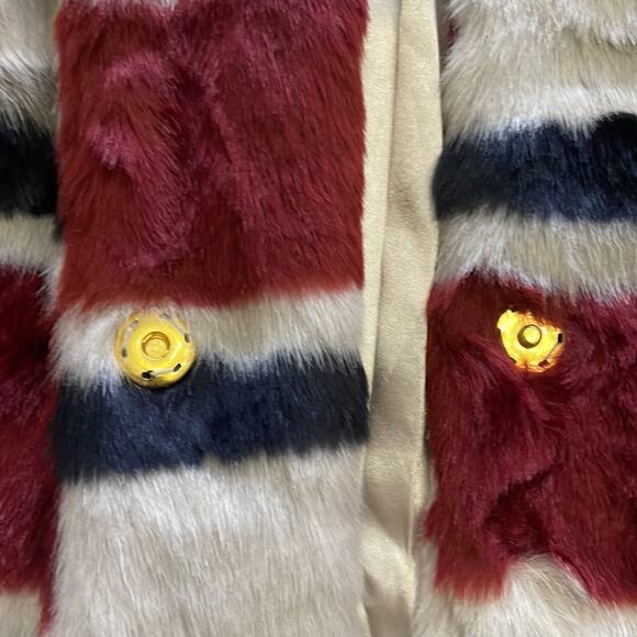 Juicy Couture Black Label Burgundy Stripe Faux Fur Button Coat Size Small - Picture 8 of 10